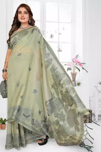 green jacquard cotton blend saree with blouse 