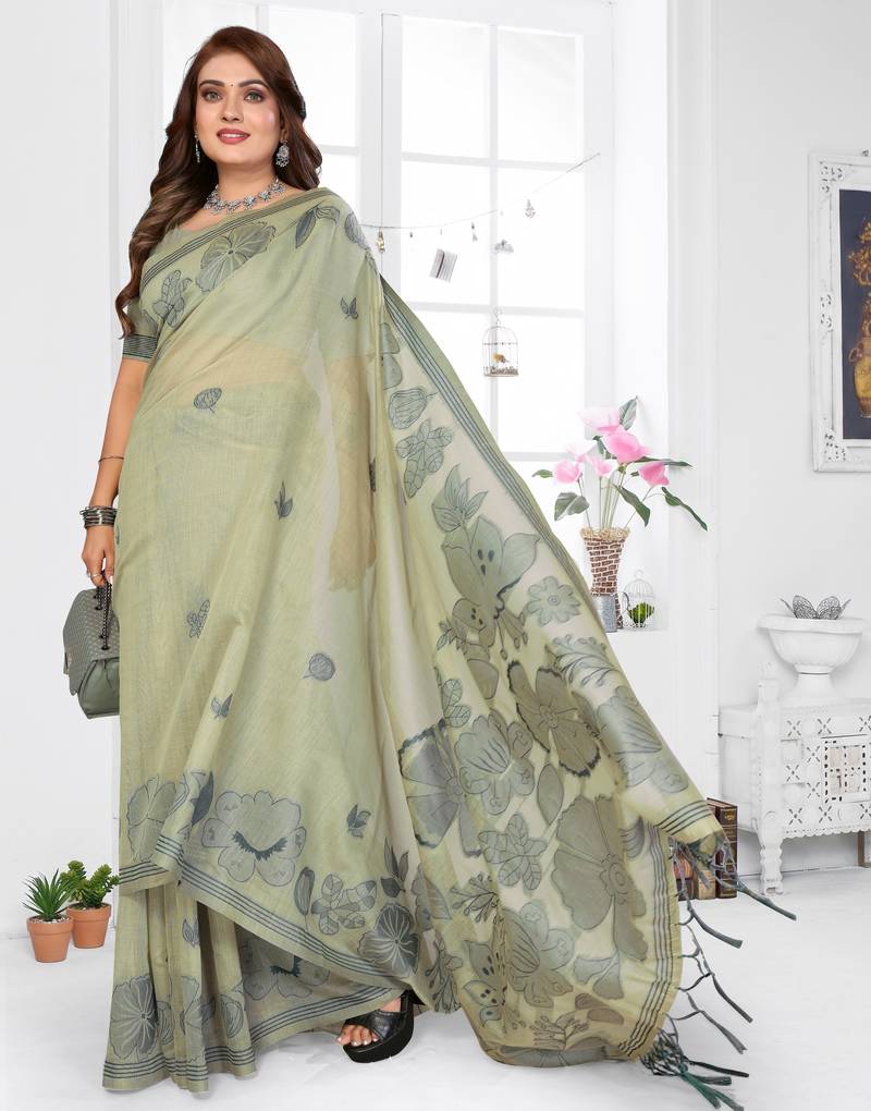 green jacquard cotton blend saree with blouse 