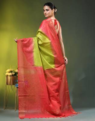 olive green & red zari woven checked silk blend saree 3