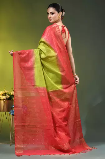 olive green & red zari woven checked silk blend saree