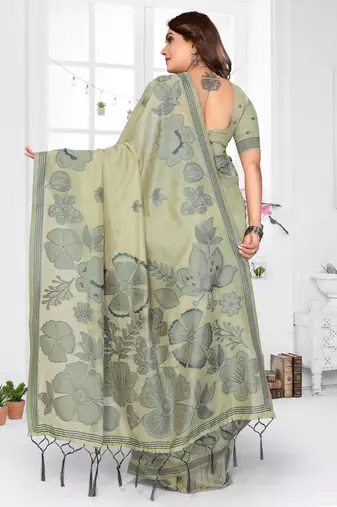 green jacquard cotton blend saree with blouse 