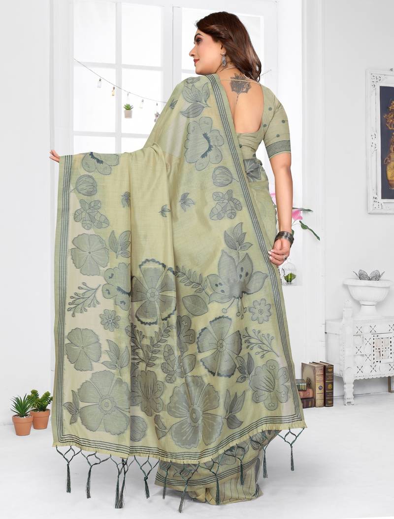 green jacquard cotton blend saree with blouse 