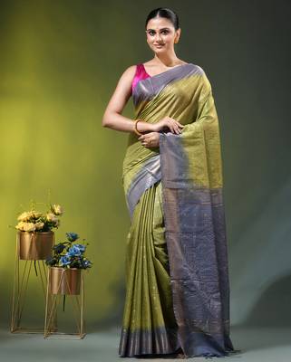 grey & olive green zari woven checked silk blend saree 1
