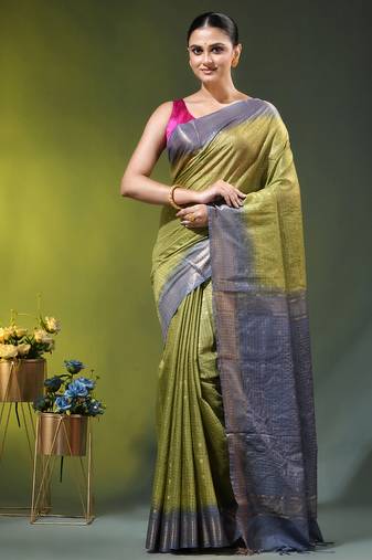 grey & olive green zari woven checked silk blend saree