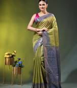 grey & olive green zari woven checked silk blend saree