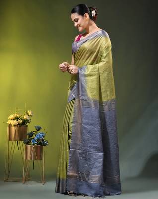 grey & olive green zari woven checked silk blend saree 2