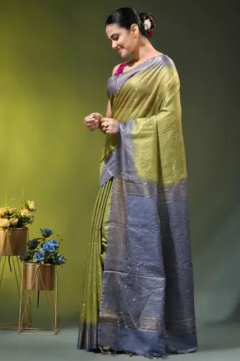 grey & olive green zari woven checked silk blend saree
