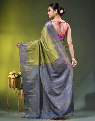 grey & olive green zari woven checked silk blend saree 3