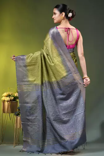 grey & olive green zari woven checked silk blend saree
