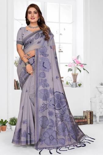 lavender jacquard cotton blend saree with blouse 