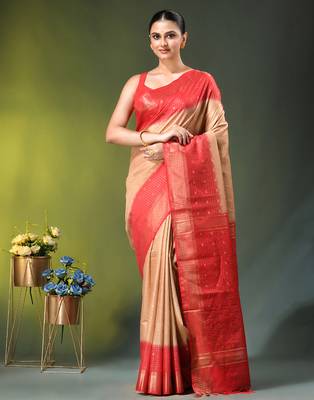 beige &red zari woven checked silk blend saree 1