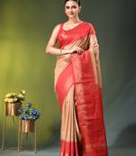 beige &red zari woven checked silk blend saree