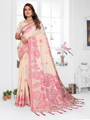 beige jacquard cotton blend saree with blouse  1