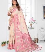 beige jacquard cotton blend saree with blouse 