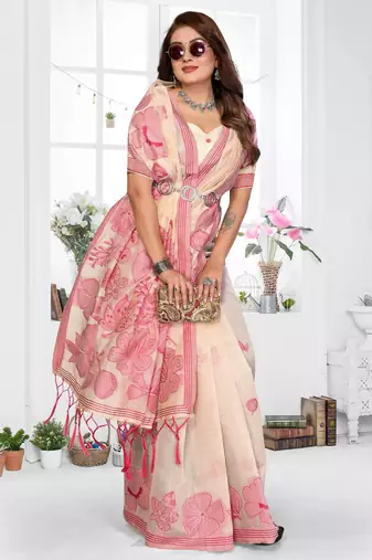 beige jacquard cotton blend saree with blouse 