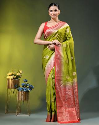 olive green zari woven crepe khaddi saree 1