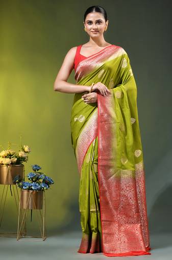 olive green zari woven crepe khaddi saree