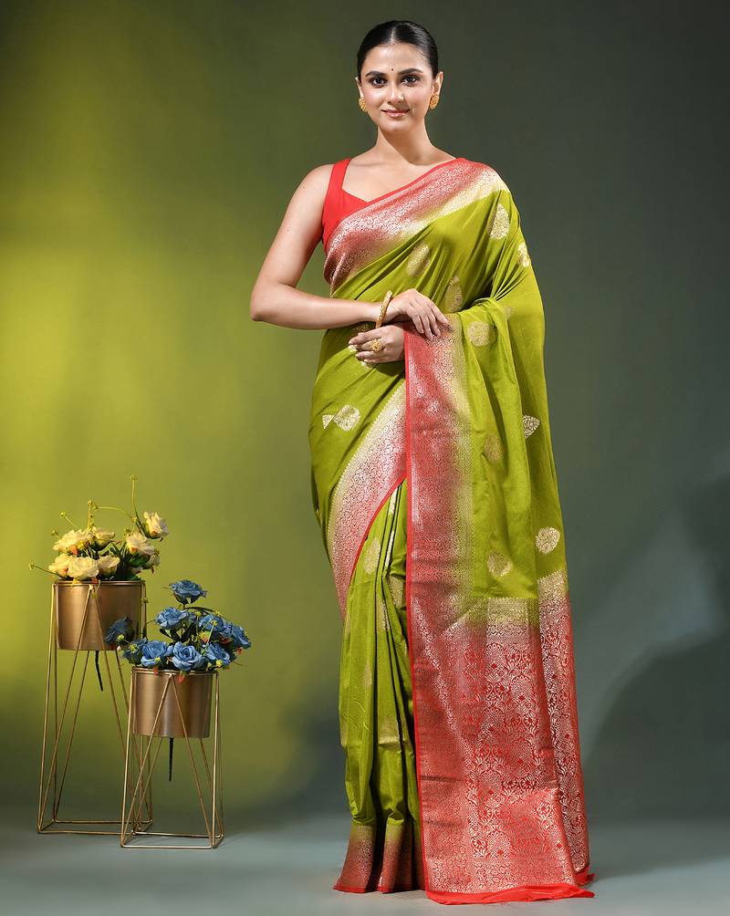 olive green zari woven crepe khaddi saree