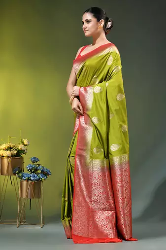 olive green zari woven crepe khaddi saree