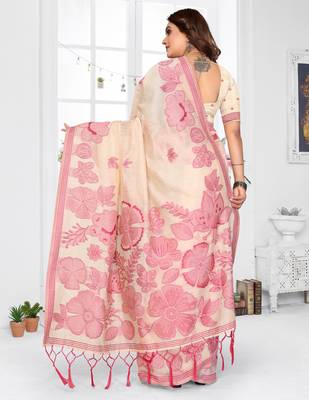 beige jacquard cotton blend saree with blouse  4