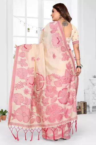 beige jacquard cotton blend saree with blouse 