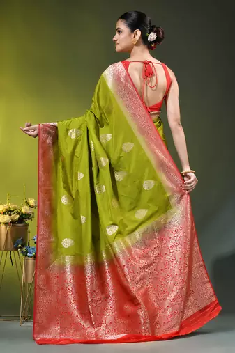 olive green zari woven crepe khaddi saree