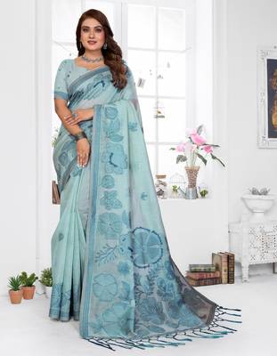 blue jacquard cotton blend saree with blouse  1