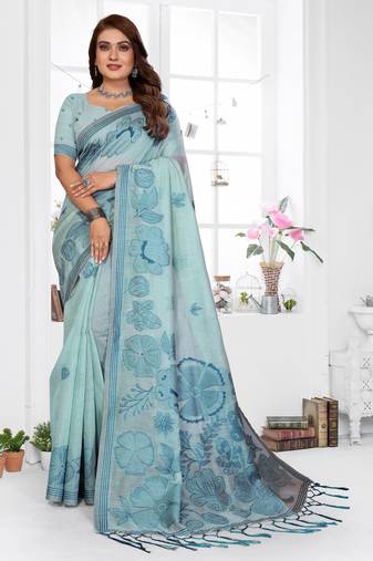 blue jacquard cotton blend saree with blouse 