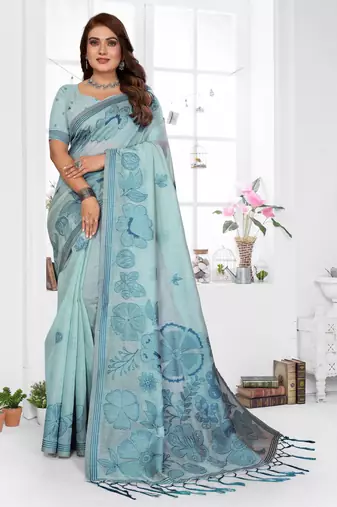 blue jacquard cotton blend saree with blouse 