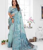 blue jacquard cotton blend saree with blouse 