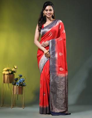 red zari woven crepe khaddi saree 1