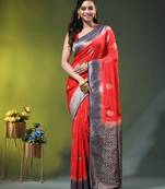 red zari woven crepe khaddi saree