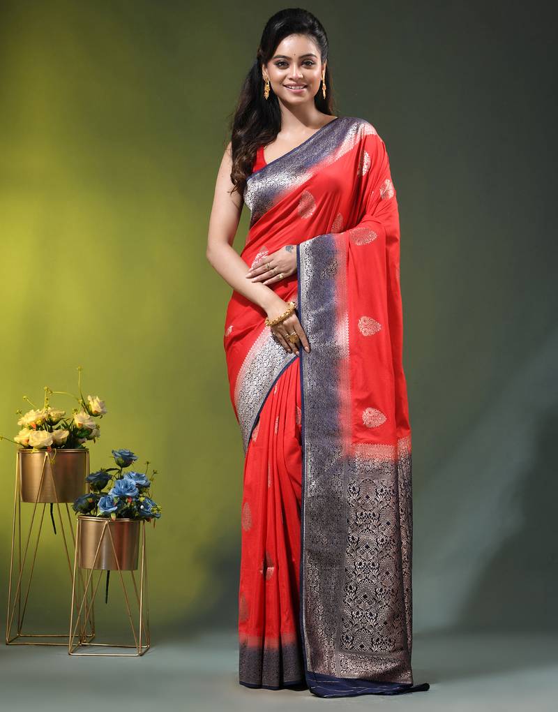 red zari woven crepe khaddi saree