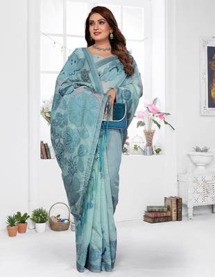 blue jacquard cotton blend saree with blouse  2