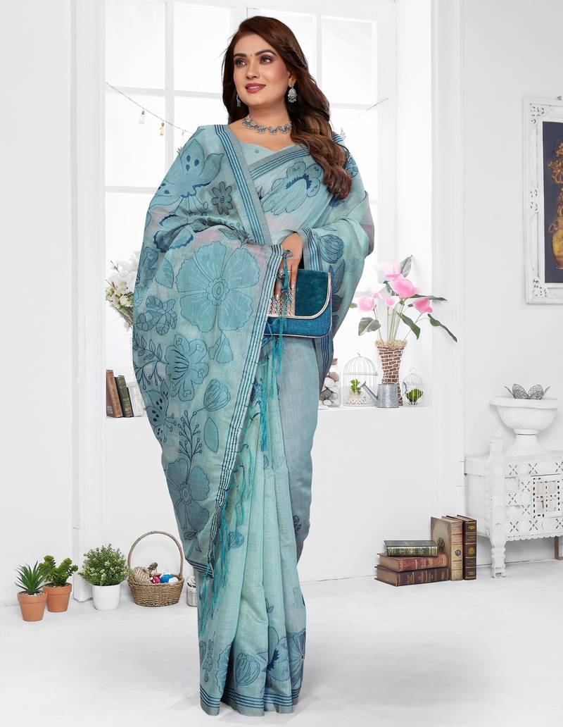 blue jacquard cotton blend saree with blouse 