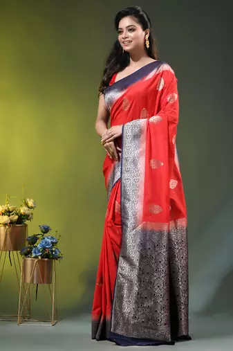 red zari woven crepe khaddi saree