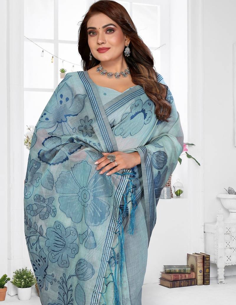 blue jacquard cotton blend saree with blouse 