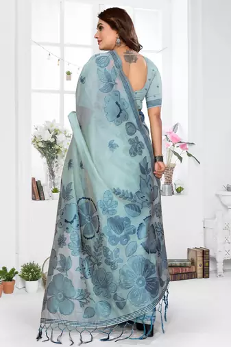 blue jacquard cotton blend saree with blouse 