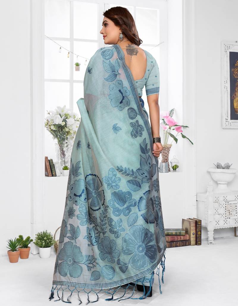 blue jacquard cotton blend saree with blouse 