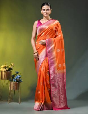 orange zari woven crepe khaddi saree 1