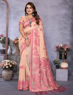 peach jacquard cotton blend saree with blouse  1