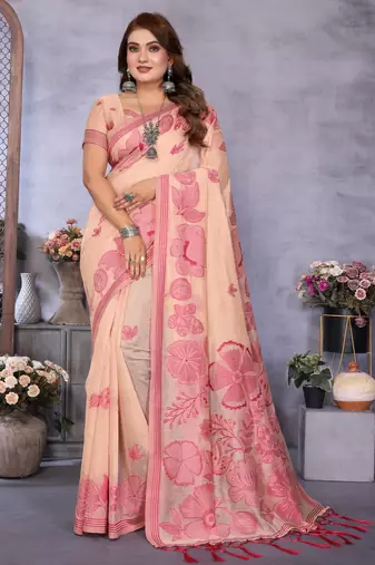 peach jacquard cotton blend saree with blouse 