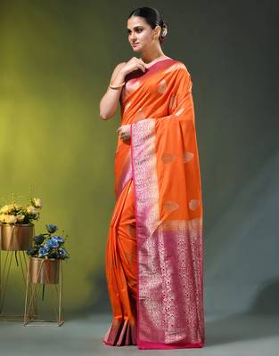 orange zari woven crepe khaddi saree 2