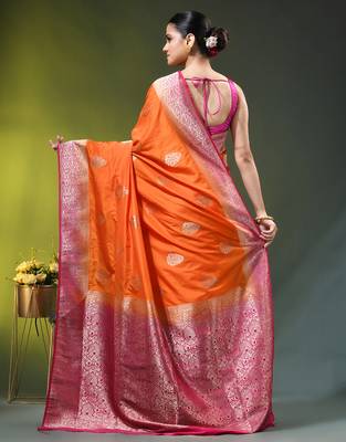 orange zari woven crepe khaddi saree 3