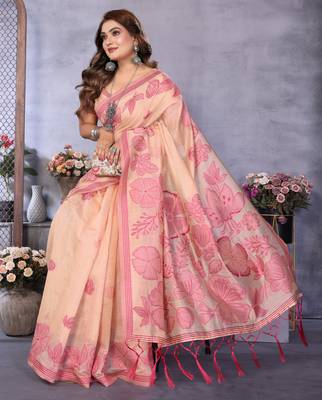 peach jacquard cotton blend saree with blouse  2