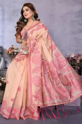 peach jacquard cotton blend saree with blouse 