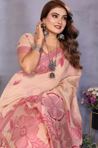 peach jacquard cotton blend saree with blouse 