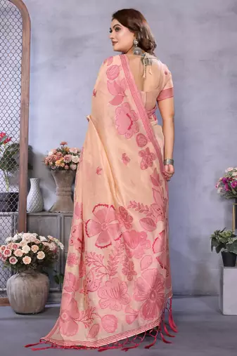 peach jacquard cotton blend saree with blouse 