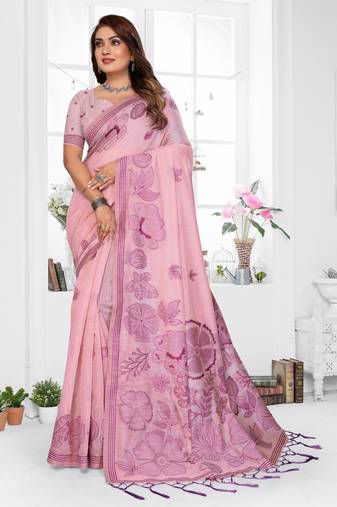pink jacquard cotton blend saree with blouse 