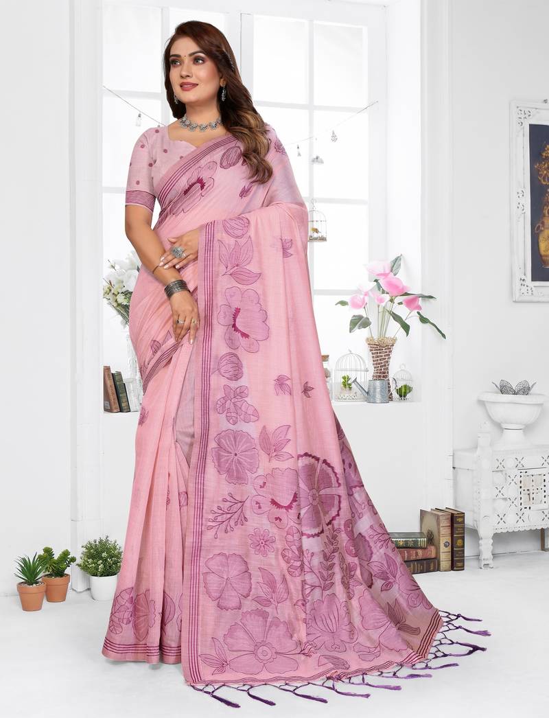 pink jacquard cotton blend saree with blouse 